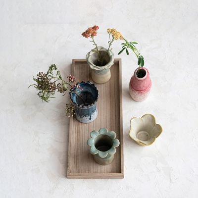 6 Piece Wooden Tray with Stoneware Vases Centerpiece Display