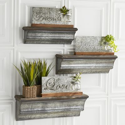 Galvanized Metal and Wood Floating Shelves Set of 3