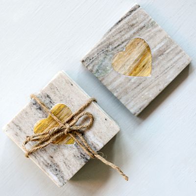 Marble Coasters With Wood Heart Set of 4