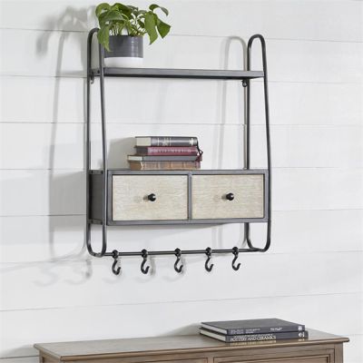 Two Drawer Wood And Metal Wall Shelf With Hooks