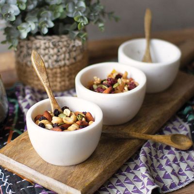 Stone Bowls With Wood Spoons and Base 7 Piece Set