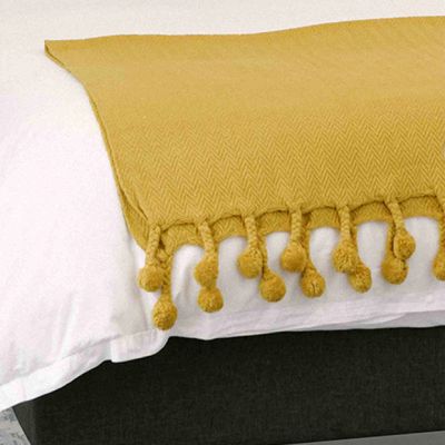 Mustard Throw Blanket With Pom Pom Tassels