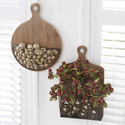 Hanging Wooden Cutting Boards with Wire Basket Set of 2