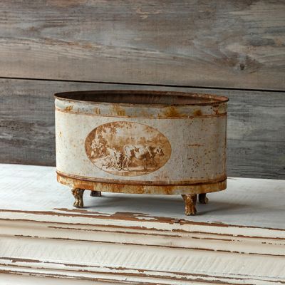 Aged Footed Pastoral Oblong Tole Container