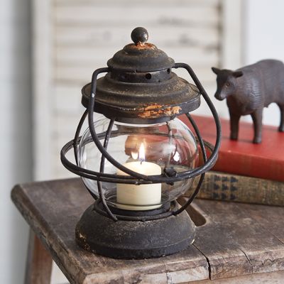 Aged Metal Handled Round Candle Lantern