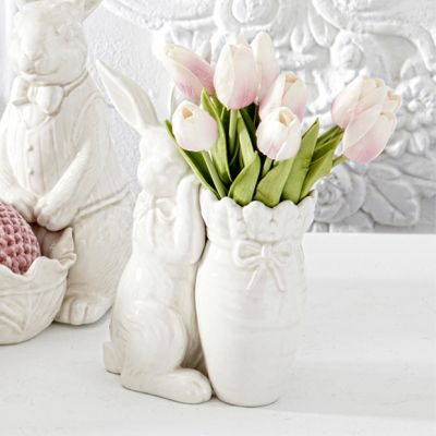 Antiqued White Bunny Tabletop Accent Carrot Vase
