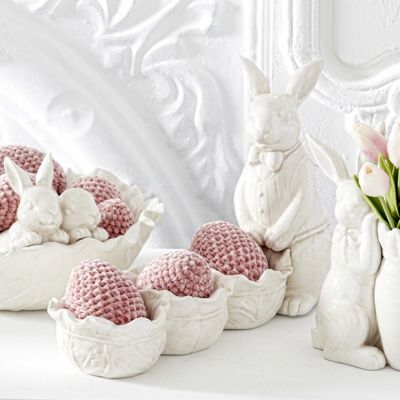 Antiqued White Bunny Tabletop Accent Divided Cabbage Bowls