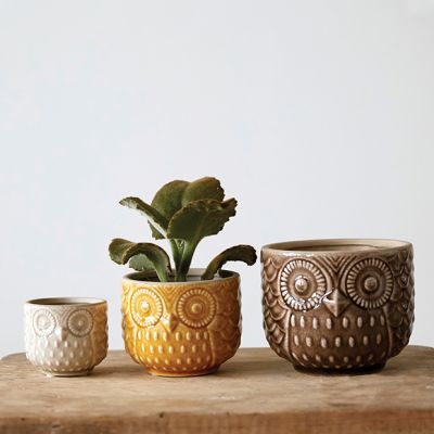 Barn Owl Stoneware Planter Pots, Set of 3