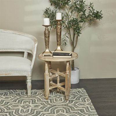 Beaded Whitewashed Round Accent Table