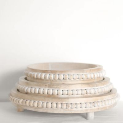 Beaded Wood Round Tray Set of 3