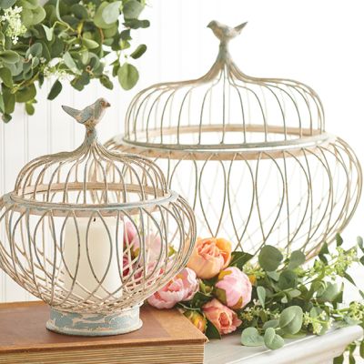 Bird Finial Lidded Wire Display Baskets Set of 2