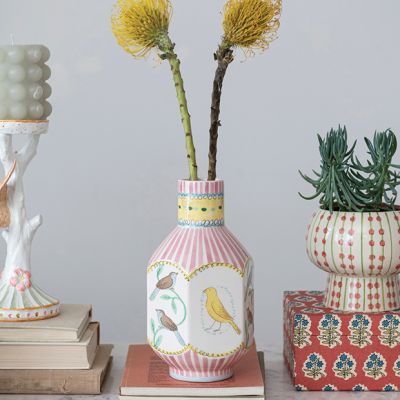 Bird Pattern Multicolor Ceramic Vase
