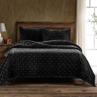 Black Faux Silk Velvet Bed Quilt