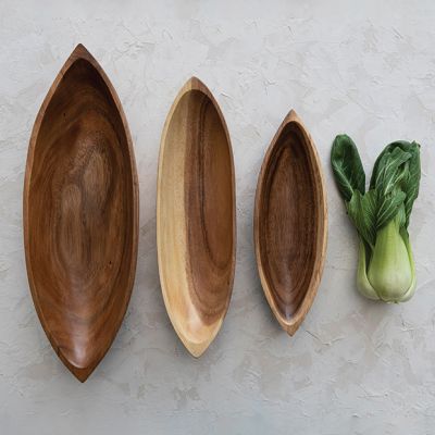Boat Shaped Natural Wood Display Bowls Set of 3