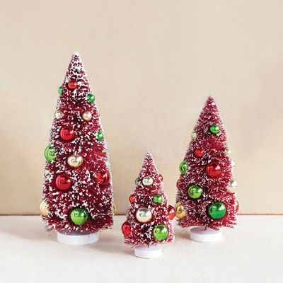 Bottle Brush Tree With Festive Ornaments Set of 3