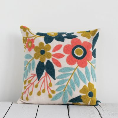 Bright Floral Embroidered Accent Pillow