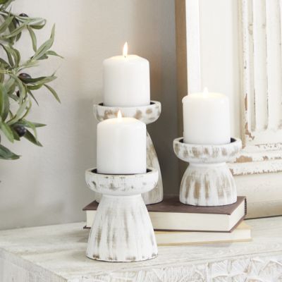 Brushed White Wood Pillar Candle Holders Set of 3