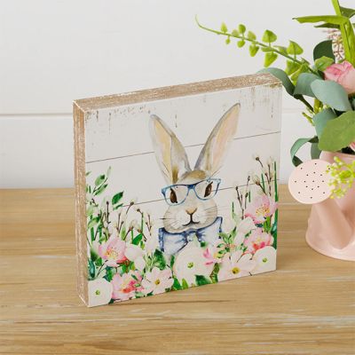 Bunny in Blooms Wooden Tabletop Block Sign