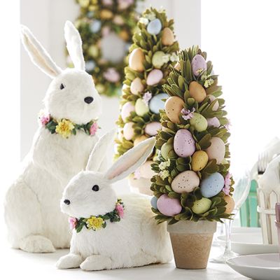 Bunny With Floral Wreath Necklace Figurine Set of 2