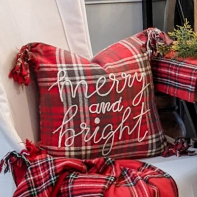 Merry And Bright Embroidered Plaid Accent Pillow