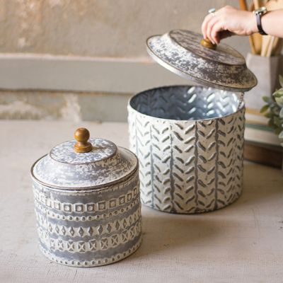 Decorative Pressed Tin Storage Canisters Set of 2