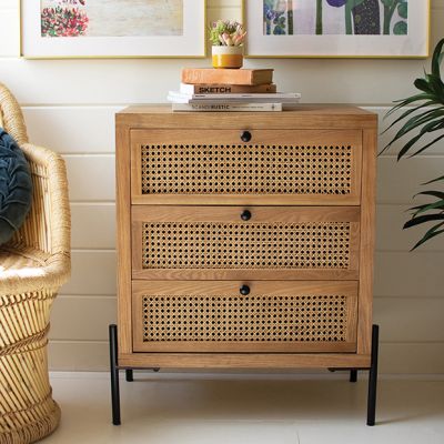 Cane Front 3 Drawer Side Table