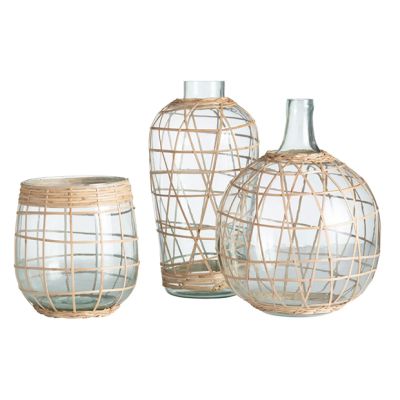 Cane Wrapped Tinted Glass Vase Collection Set of 3