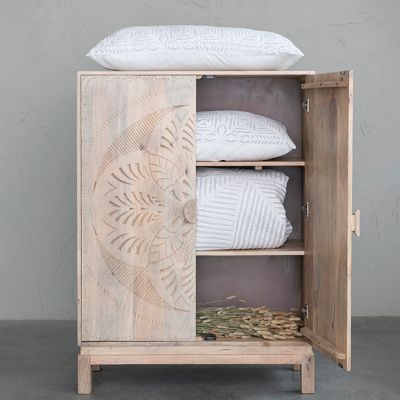 Carved Floral Design Wooden Storage Cabinet