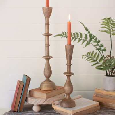 Carved Mango Wood Candlestick Set of 2