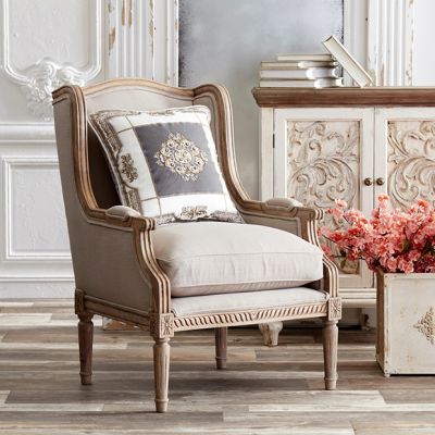 Carved Mango Wood Upholstered Wing Chair
