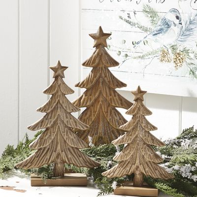 Carved Wood Christmas Tree Set of 3