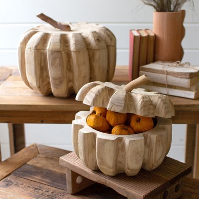 Carved Wood Pumpkin With Lid Set of 2
