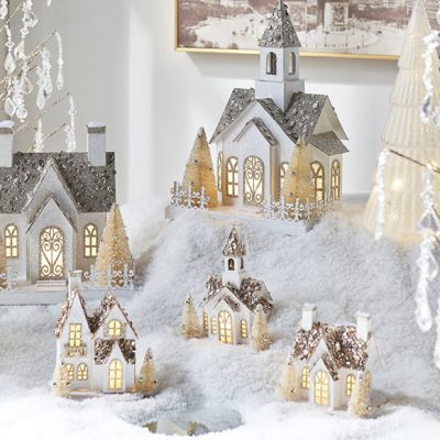 Classic Christmas Lighted House Ornament Set of 3