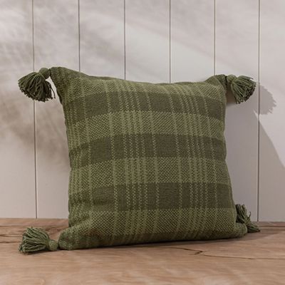 Classic Plaid Tasseled Green Accent Pillow