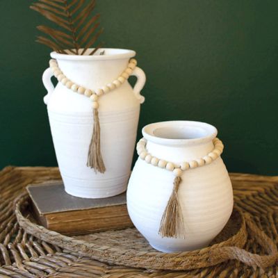 Clay Pot Vase with Beaded Tassel Set of 2