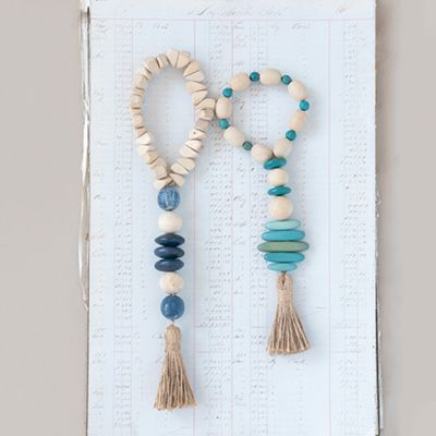 Coastal Wood Beads With Tassel Set of 2