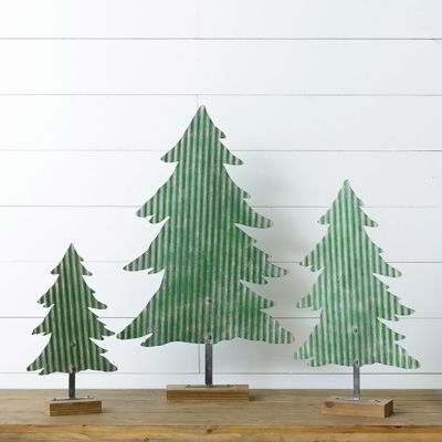 Corrugated Green Metal Tree Set of 3