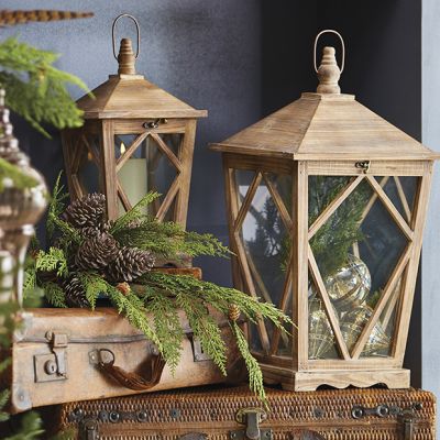 Cottage Chic Fir Wood Candle Lantern Set of 2