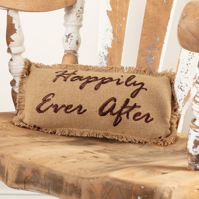Cotton Burlap Happily Ever After Fringed Pillow