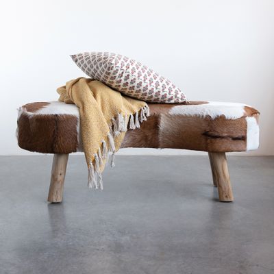 Cowhide Print Goat Fur Covered Bench