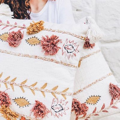 Cream Embroidered Accent Pillow With Tassels