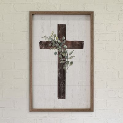 Cross With Greenery Whitewash Wall Art