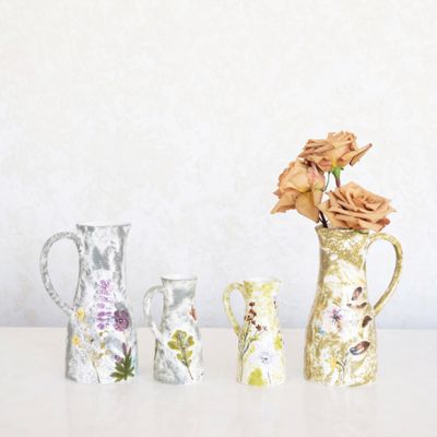 Short Debossed Florals Stoneware Pitcher Vase Set of 2