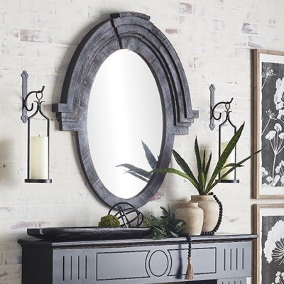 Distressed Black Wood Framed Oval Wall Mirror