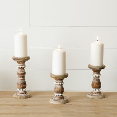 Distressed Fir Wood Beaded Candle Holder Set of 3
