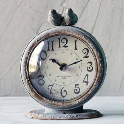 Distressed Pewter Table Clock With Birds