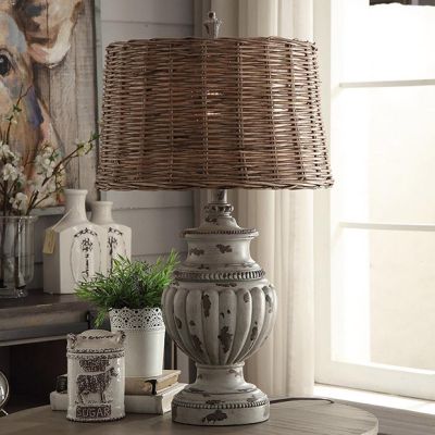 Distressed Table Lamp With Rattan Shade