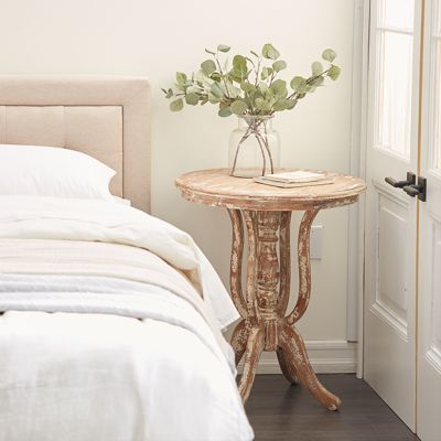 Distressed Wood Round Pedestal Accent Table