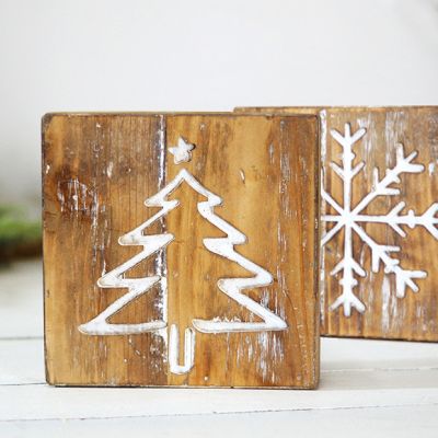Double Sided Tree and Snowflake Wood Block Set of 2