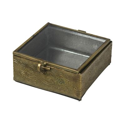 Embossed Brass Trinket Box With Glass Lid